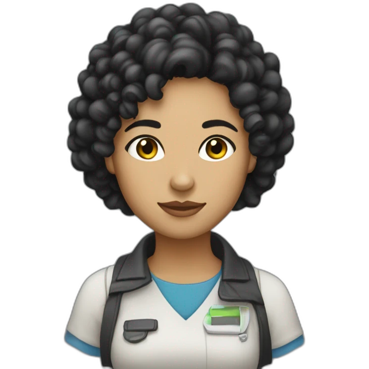 Describe a female programmer with curly black hair, black eyes, thick eyebrows, and slightly tan skin. emoji