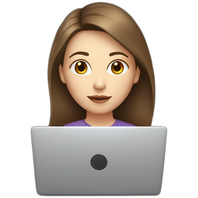 woman looking from behind a laptop. There is a coffee mug in front of the laptop. The woman has middle brown straight hair and pale skin. emoji