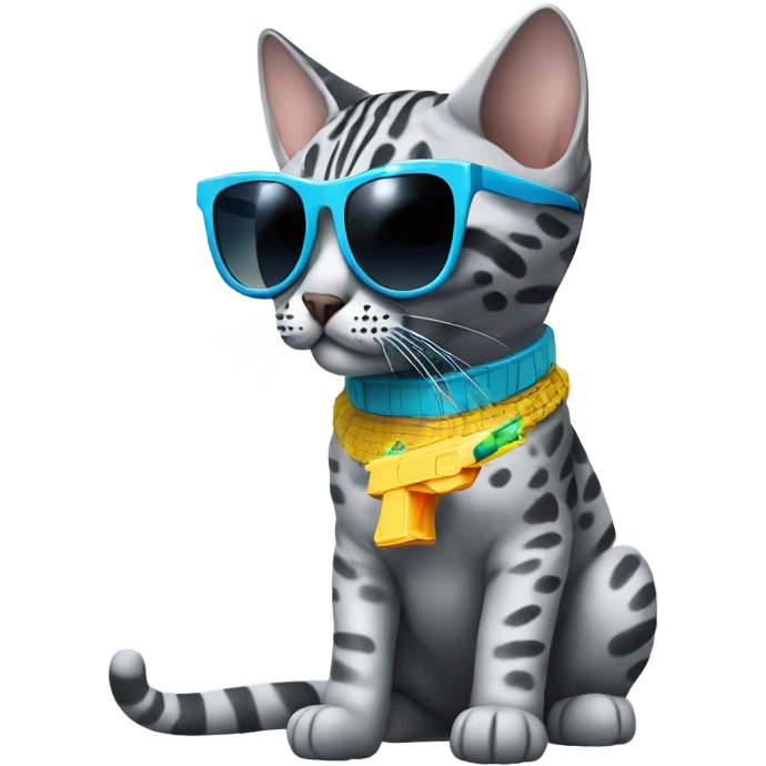 Gray Egyptian Mau with cool sunglasses and a water gun  emoji