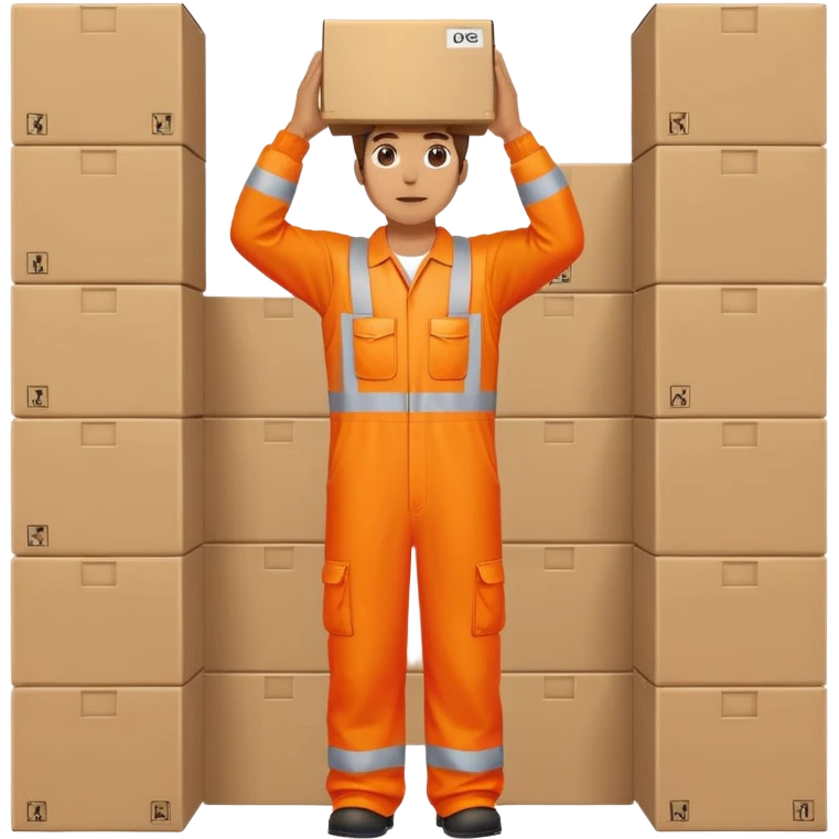 man standing, facing backwards, wearing orange hi visibility overalls, holding a box above his head emoji