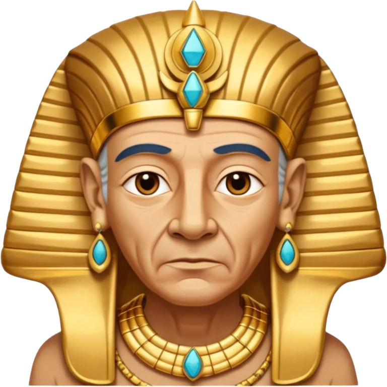 An aging pharaoh with deep wrinkles, elaborate gold jewelry, and a wise commanding gaze.
 emoji
