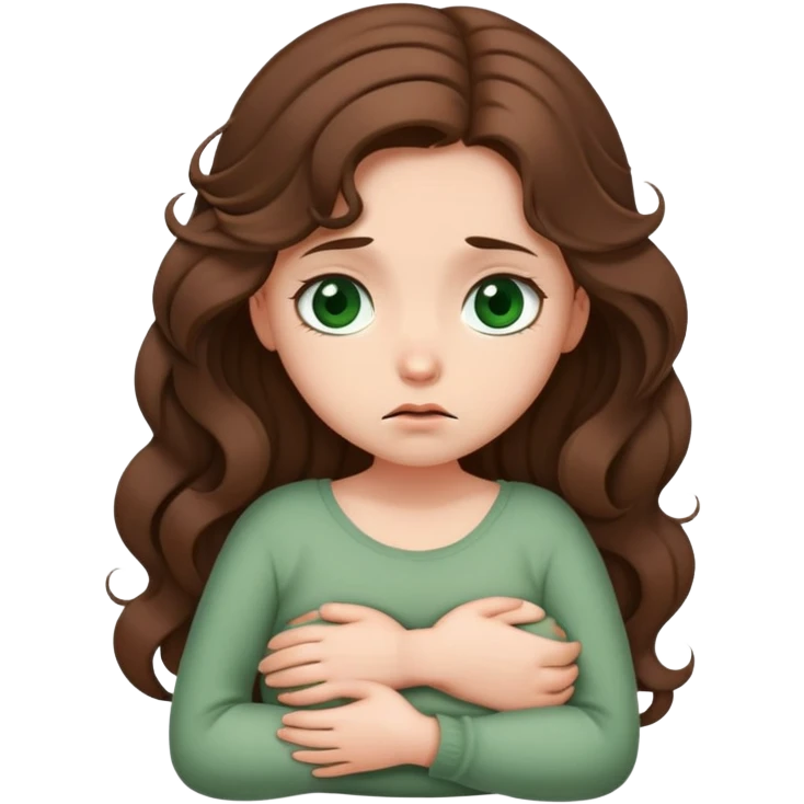 Sad Girl with curled brown long length hair and dark green eyes with belly ache emoji