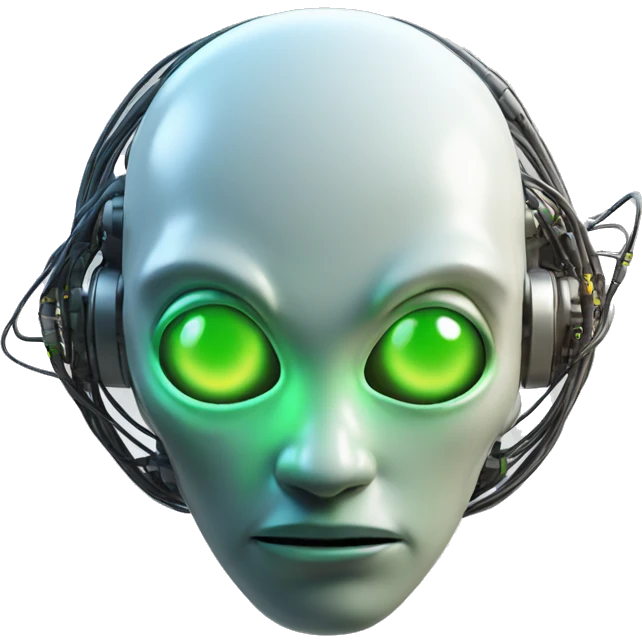 Round Alien cyborg head with glowing wires and green eyes  emoji