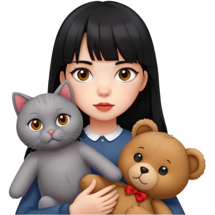 The girl with black eyes and red cheeks has long black hair with bangs and holds a British grey cat and a brown teddy bear emoji