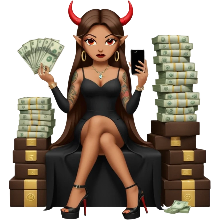 Sensual queen long brown straight haired mafia woman with black shiny platform high heels on her feet,  and black devil horns on her head, tattoos on arms , holding a stack of cash, has a phone in other hand. Sitting on a large big new model F350 pickup truck  long black dress with  slit emoji