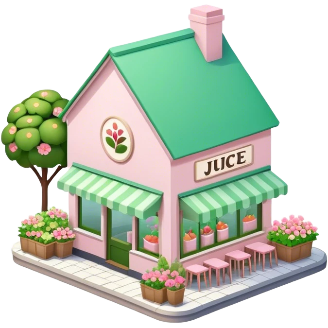 Organic juice shop, light pink and green and decorated with lots of florals, isometric exterior view, pitched roof emoji