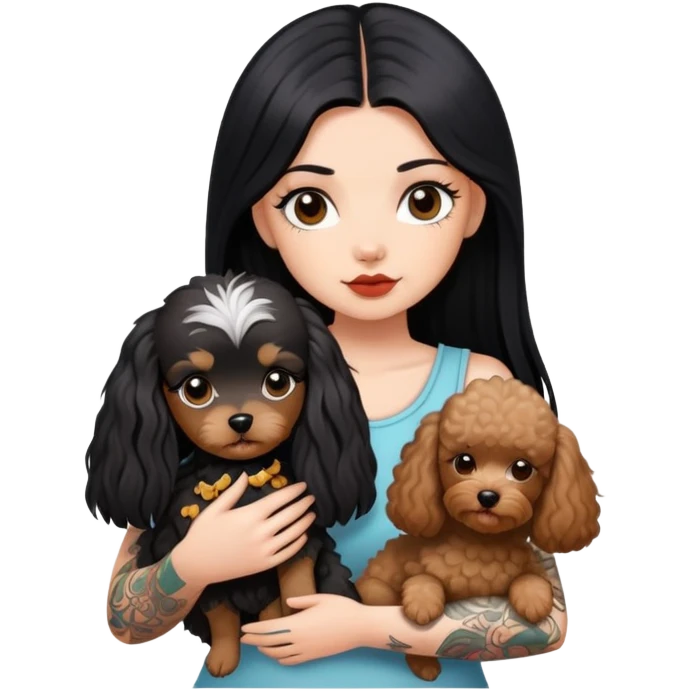 girl with long black  straight hair and tattoos and white Yorkshire and brown poodle emoji