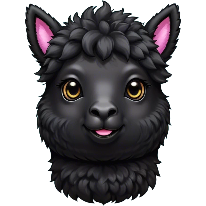 Cinematic Cute Black Alpaca Portrait Emoji, Head tilted playfully and inquisitively, featuring a plush, shiny jet-black fleece with a lustrous sheen, round, sparkling dark eyes filled with curiosity, Simplified yet irresistibly adorable features, highly detailed, glowing with a warm, friendly glow, high shine, affectionate and gentle, stylized with a touch of whimsy, bright and endearing, soft glowing outline, capturing the essence of a mischievous yet loving alpaca, so playful it feels like it could prance out of the screen and into your arms! emoji