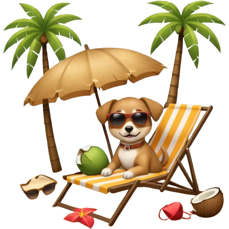 a dog laied on a beach chair, a sunny beach, a sun umbrella, and beach coconut trees. the icon should capture the essence of a relaxing beach vacation with a carefree atmosphere emoji