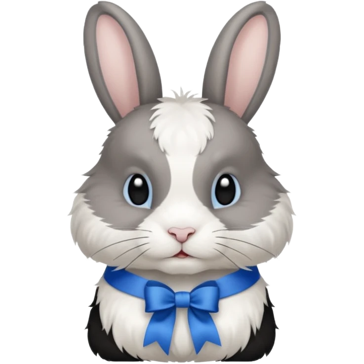 a white and black realistic domestic rabbit with a blue ribbon on its neck emoji