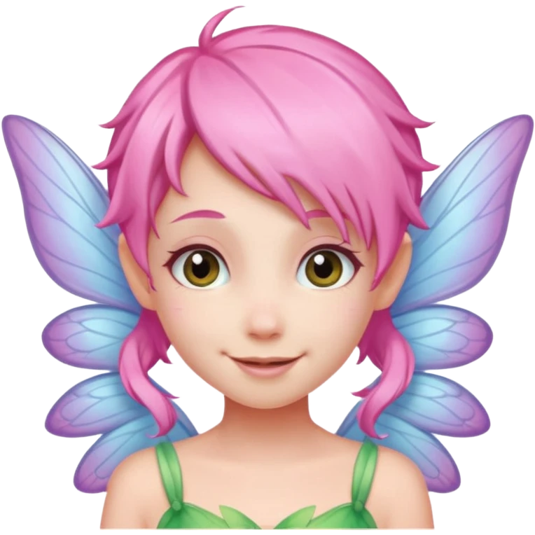 A tiny pastel fairy with pink  hair with glowing wings and a sweet smile  emoji
