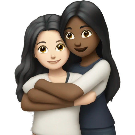 Two white girls with long black hair hugging. emoji