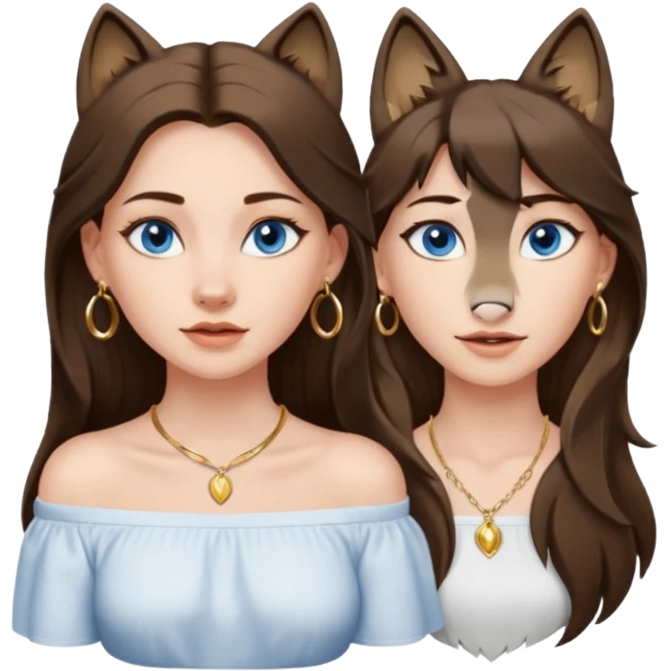 A pretty white girl with brunette hair blue eyes  thin gold hoop earrings and a matching gold necklace in a white shirt that cuts off the shoulders her hair is long and she has a wolf cut emoji