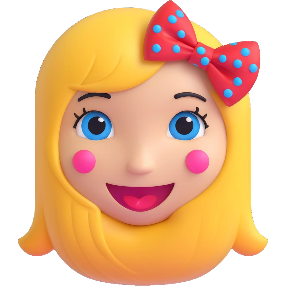 3D smiley emoji, large eyelashes, red polka dot bow, shy, downward looking eyes, blue eyes, musical notes emoji