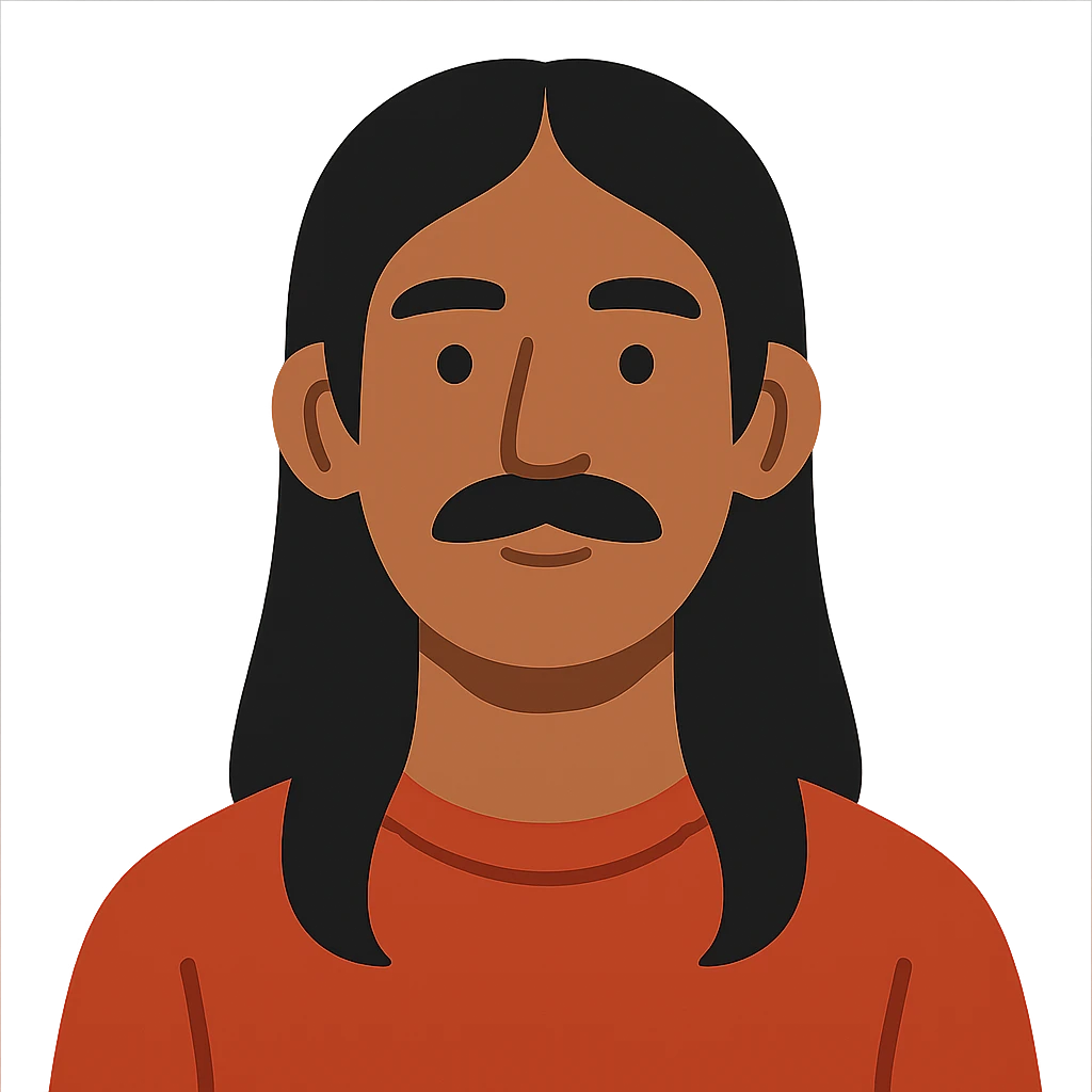 flat toon style man with long black hair, mustache, no beard, brown skin emoji