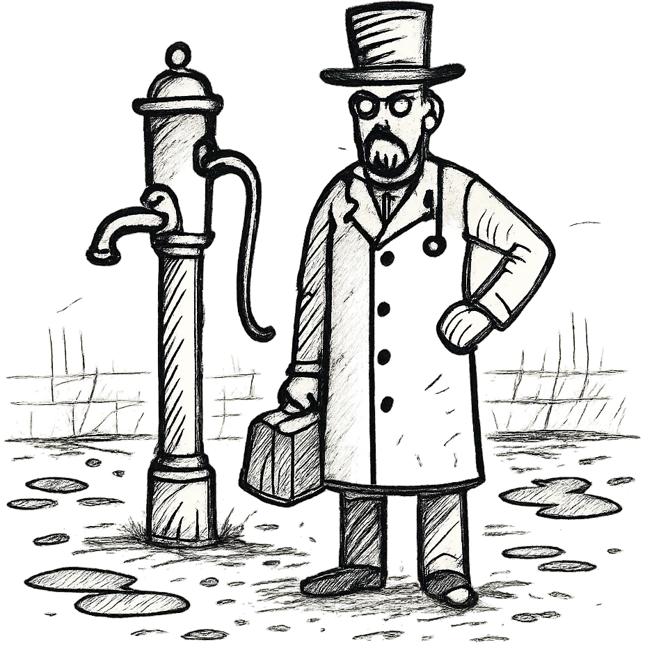 A victorian doctor with a street water pump in a dirty street emoji