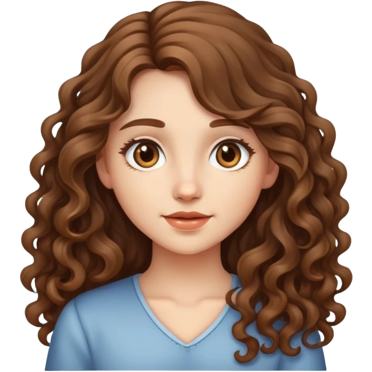 Emoji of a light brunette girl with long curly brown hair emoji