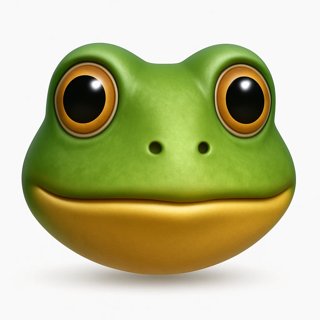 Create an emoji that looks exactly like the reference image in iOS emoji style. The emoji should have 3D appearance, shiny surface, smooth gradients, soft shadows, and a realistic green frog head with a classic emoji look. Add a soft shadow under the head. emoji