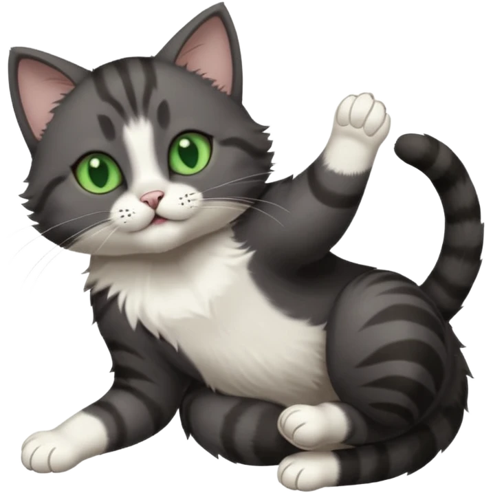 dark grey cat with green eyes, white toes/paws and white patch on her chest playfully rolling upside down emoji