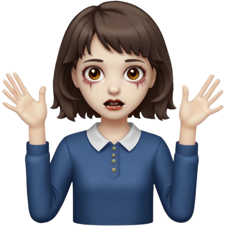 Cabelo ondulado  um pouco cheio e franja curta  Olhos marrons e pequenos e feita d ezumbi mais bonita com cabelo amarro na e com as mãos assim tipo assim🧟‍♀️ emoji