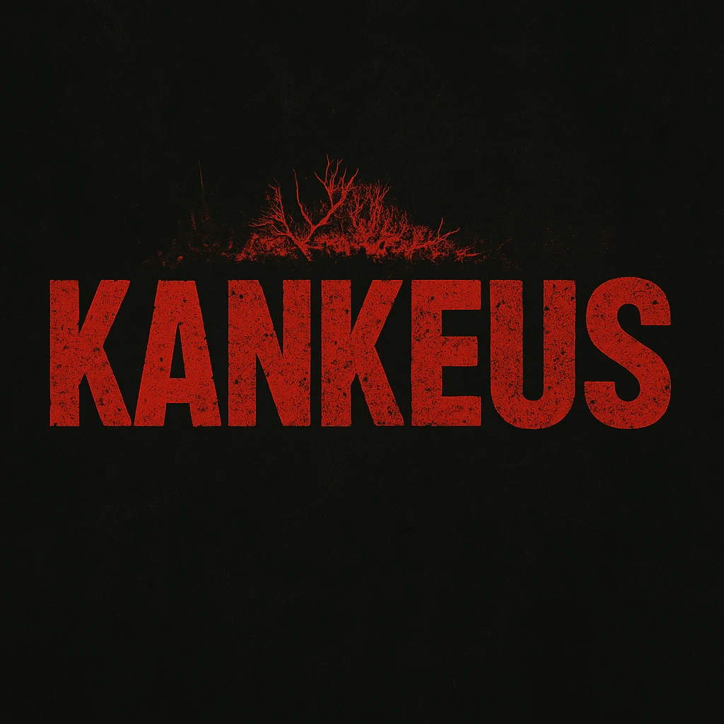 Change the KankeuS logo text color to red instead of white, keeping the DayZ-like font, rough, grunge, apocalyptic look, on dark background. Maintain the rough, grunge, apocalyptic style with red text on dark background. emoji