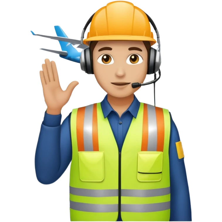 ramp agent at airport wearing reflective vest and headphones, directing aircraft emoji