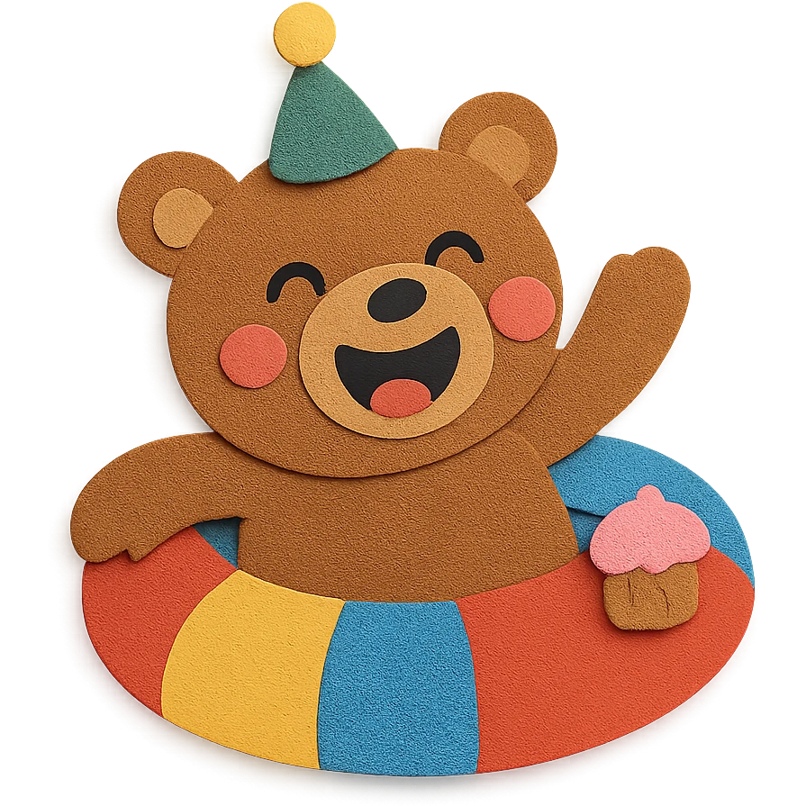 laughing bear floating in a party ring with mini cupcakes emoji