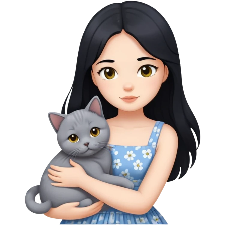 A beautiful girl with long black hair wearing a sun dress hugs a British Shorthair emoji