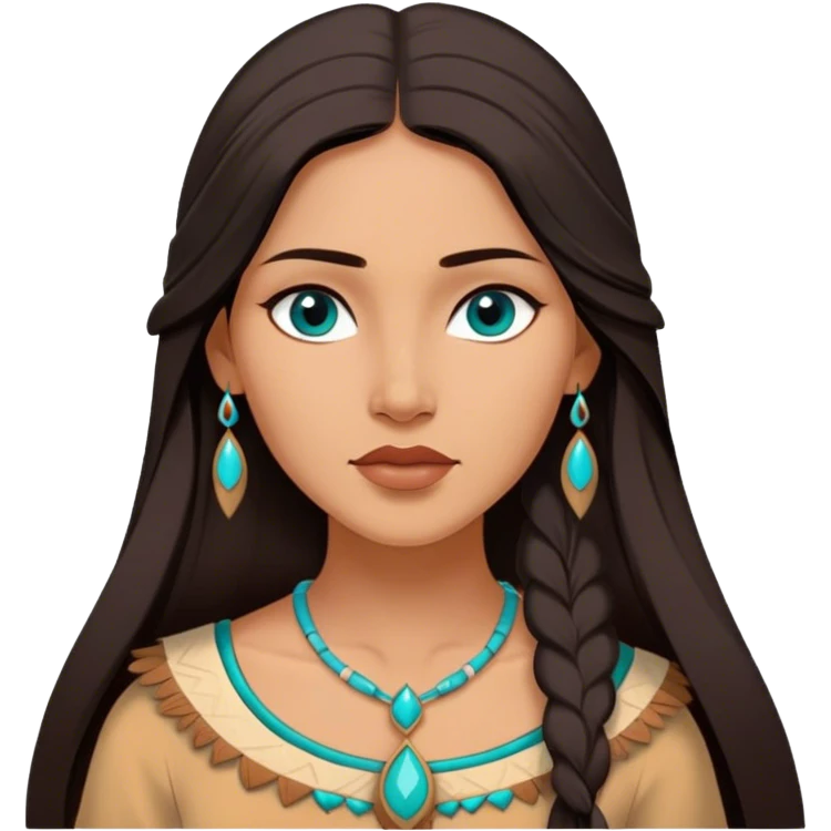 Cinematic Elegant Pocahontas Portrait Emoji, rendered in a realistic, vector-style with minimal shading and bold, simplified shapes. Depict Pocahontas (chest and above) with warm, sun-kissed skin, long, flowing dark hair, and gentle, wise eyes, wearing traditional attire in earthy tones with hints of turquoise. The image glows with a soft, natural radiance and high shine, embodying timeless indigenous beauty. emoji