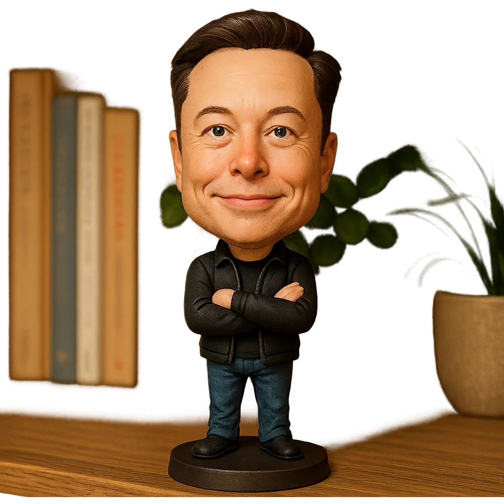 exaggerated cartoonish features bobblehead of Elon Musk in a casual outfit emoji