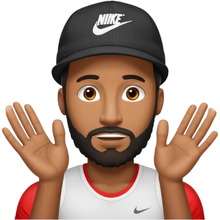 BLACK MAN WITH LOW CUT BEARD AND A NIKE HAT SAYING WHO CARES?! MOTIONING HANDS  emoji
