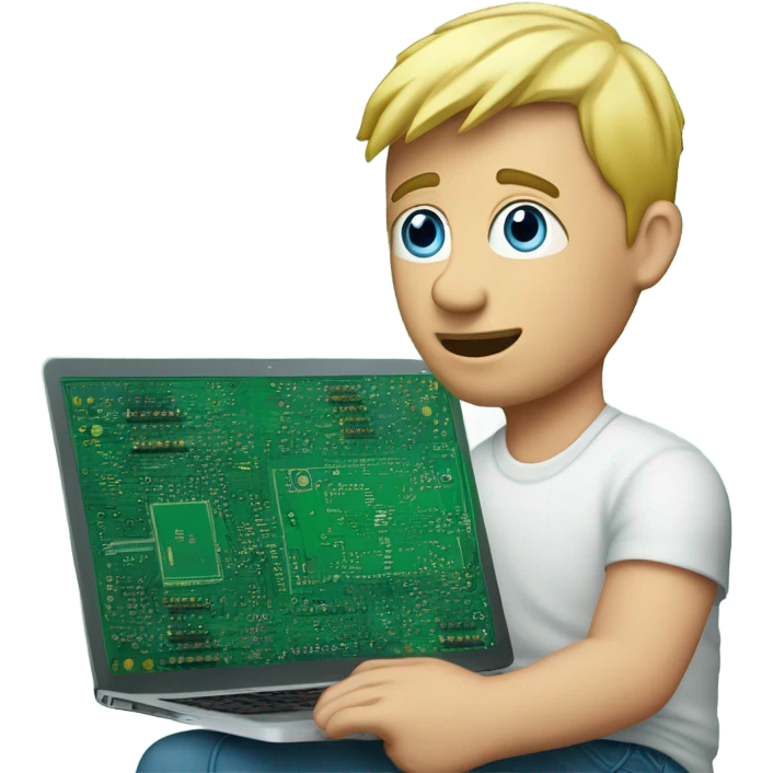 man looks 35 classes short hair, european, tech nerd love pcb designing, blond hair shorter blue eyes behind laptop with pcb in hand macbook emoji
