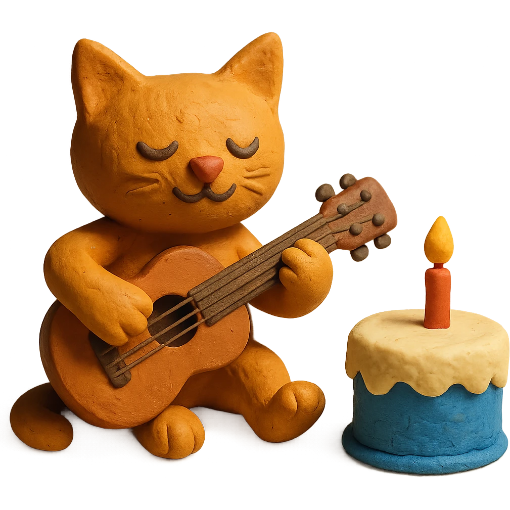 cat playing guitar next to a cake, claymation style emoji
