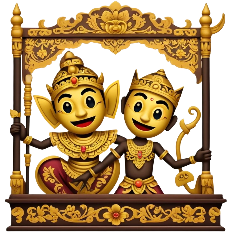 Cinematic Realistic Wayang Kulit Pop Culture Emoji, featuring a vibrant shadow-puppet theatre scene rendered with dynamic textures and artistic, traditional lighting. emoji