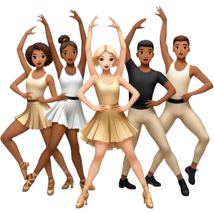 "Icon for Contemporary Dance: a synchronized guys and girls group performance on stage with backup dancers, bright stage lighting, and stylish dance outfits. The icon should capture the energy, precision, and excitement of a modern group dance performance. Transparent background. emoji