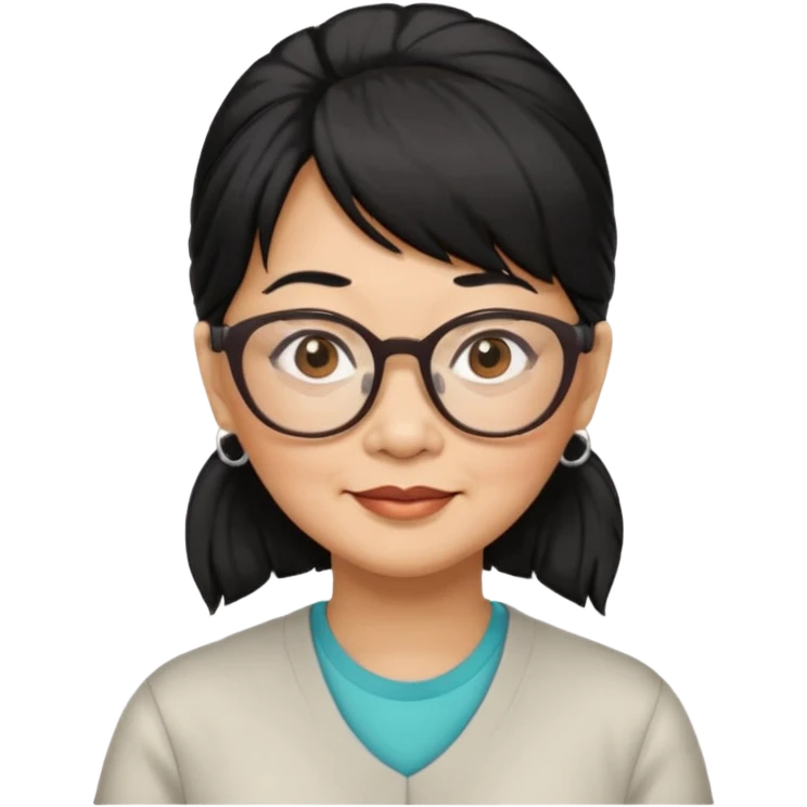 filipino woman black hair in one pony tail with straight bangs and big glasses, 60 yr old

 emoji