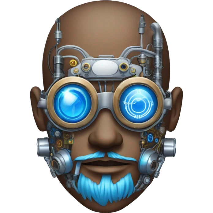 Brown shaved male cyborg head with blue beard, silver steampunk monocle goggles and circuits emoji