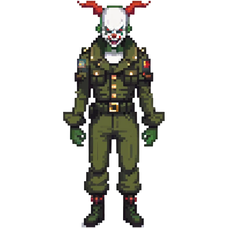 evil clown soldier, bald, small black satan horns on forehead, fangs, pointed ears, black and military green clothes with bellbottom pants, realistically proportioned, less bulky, full body, fighting stance emoji