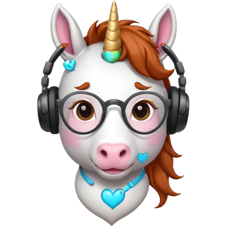 headphone wearing white unicorn with dark ginger hair and heart shaped spectacles emoji