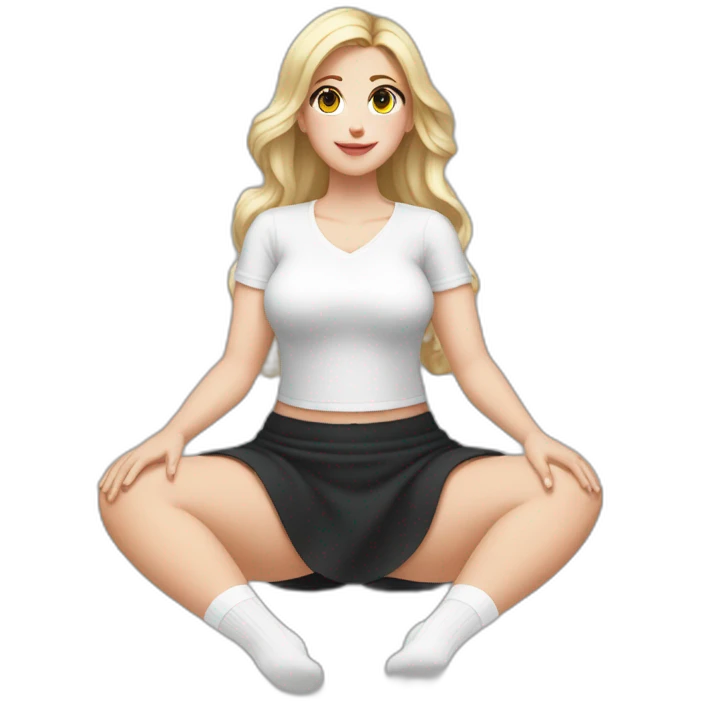 Front view full body curvy caucasian beauty sitting straight hands up black skirt white knickers white socks emoji