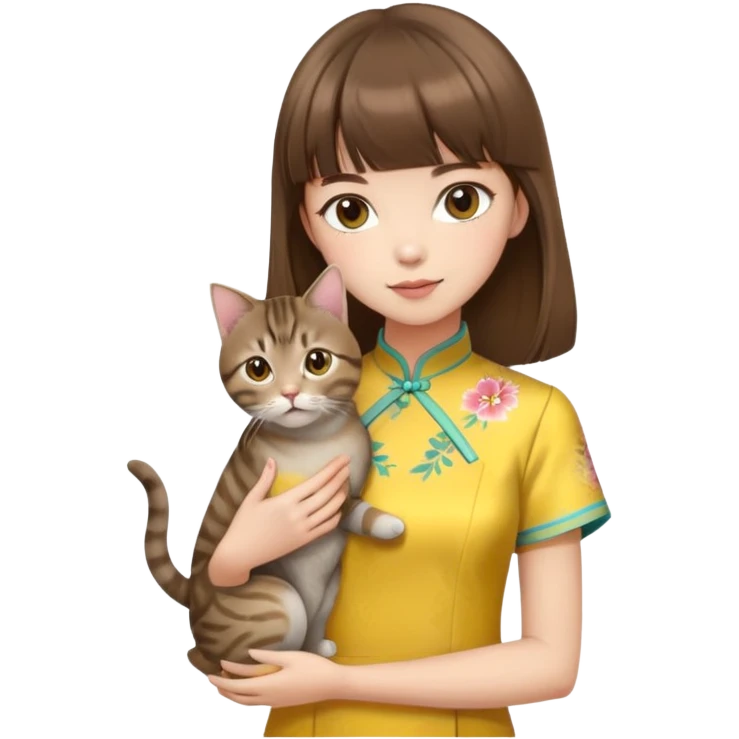 girl with brown hair and bangs wearing yellow qipao with a gray tabby cat emoji