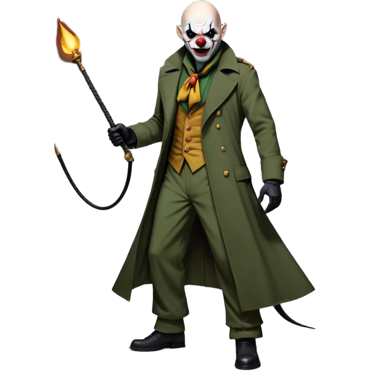 evil clown, bald, small black horns on forehead, fangs, pointed ears, eye patch over one eye, long coat over black and military green leisure suit with bellbottom pants, tail, holding an Indiana Jones-style whip, realistically proportioned, less bulky, full body, battle-ready, fighting posture emoji