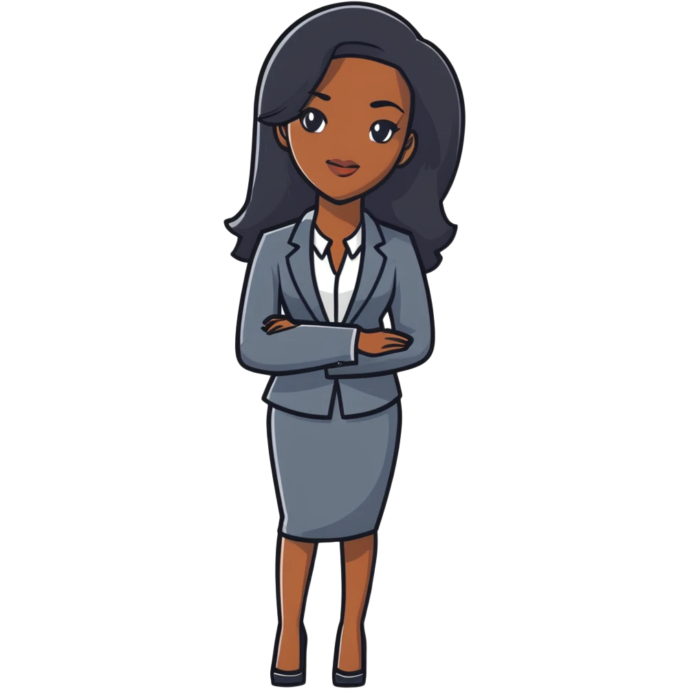 Dynamic African career woman with sleek long black hair, modern business outfit, competent and assertive expression emoji