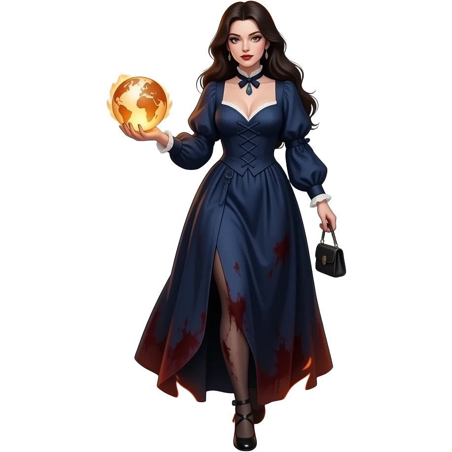 a seductive evil beautiful woman in a long dark blue dirty Victorian dress with a deep neckline carries a small globe in her palm that radiates and steps out of a circle of fire emoji