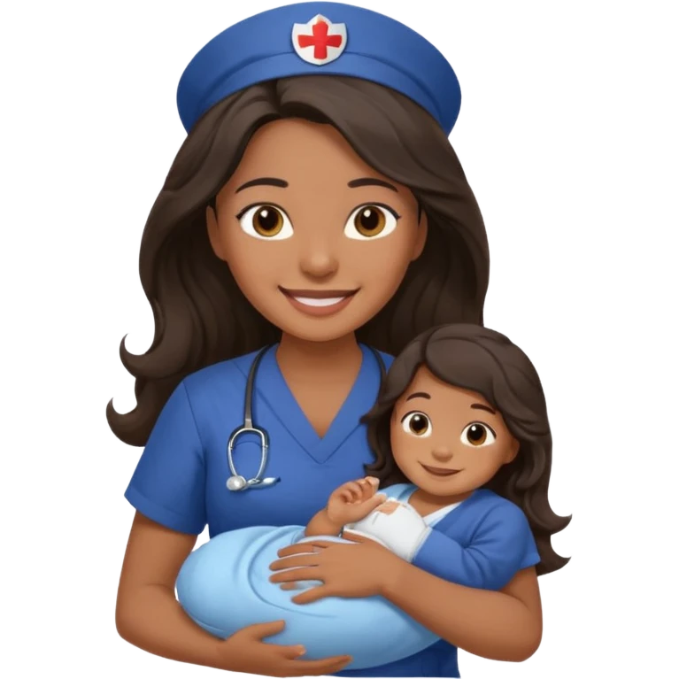 Female nurse smiling with long dark wavy hair with medium brown skin and brown eyes holding one tiny new born baby with navy blue short sleeves emoji