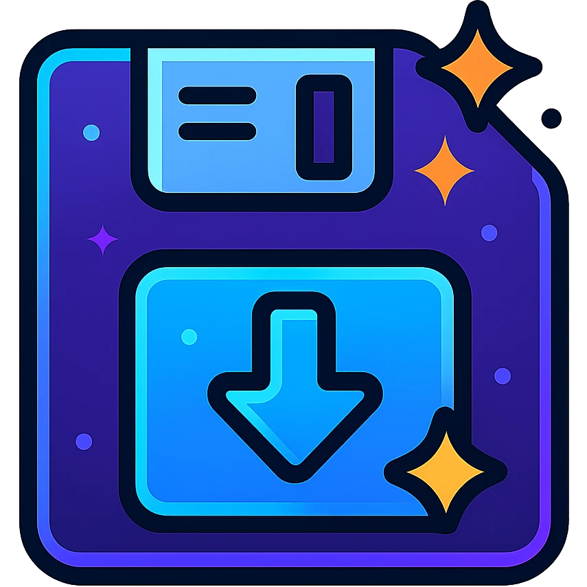 save icon with dark purple, blue, and black base, bright accents, complex gradients, stars, bright neon border, modern recognizable abstract save symbol, glow and lighting effects, sophisticated futuristic icon style emoji