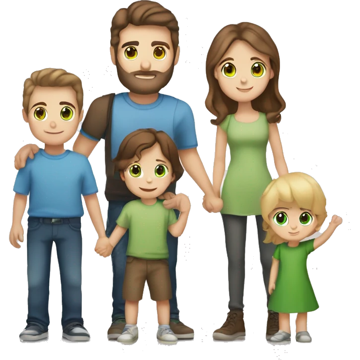 Mom with brown hair and green eyes holding a baby with brown hair and blue eyes next to tall dad with brown hair and green eyes holding hands with a young girl with blonde hair and blue eyes next to a young boy with brown hair and brown eyes  emoji