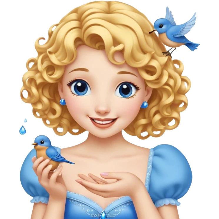 Cinematic Adorable Cinderella Portrait Emoji, Giggling softly while holding a tiny bluebird, golden curls bouncing, eyes sparkling with joy, wrapped in a soft golden glow, exuding warmth and charm, an irresistible blend of beauty and playfulness! emoji