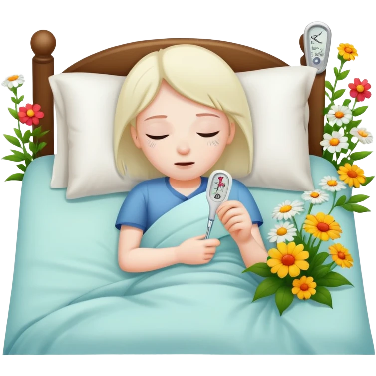 sick person in bed with thermometer and flowers emoji