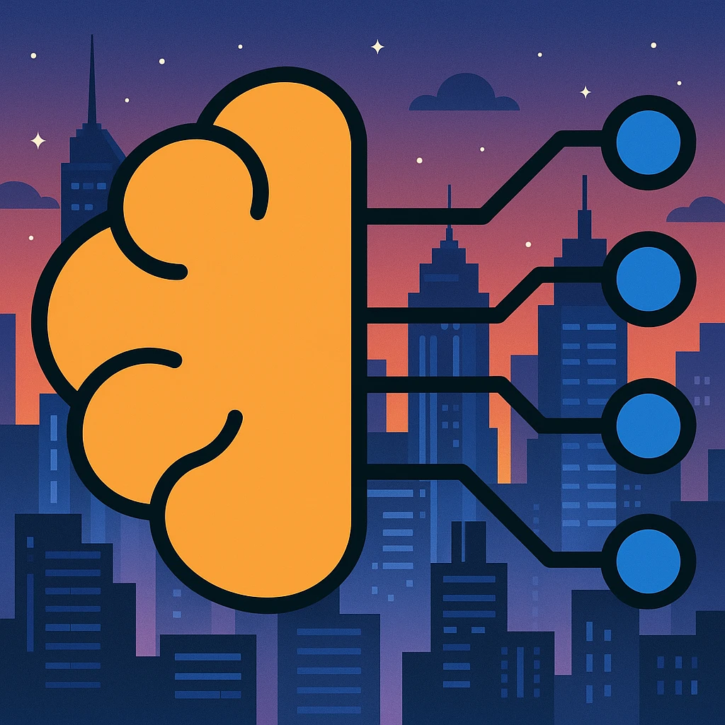Add a futuristic city background, keep the brain with circuit lines as the main subject, maintain color outline style emoji
